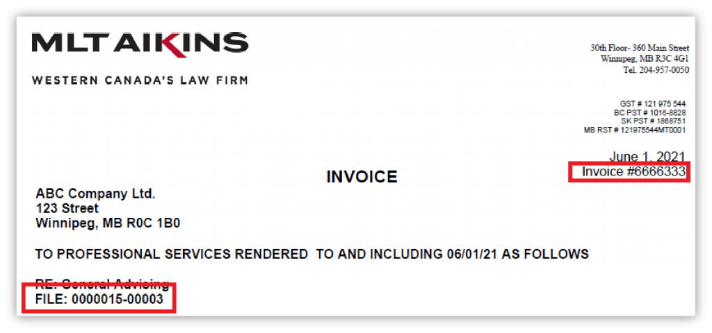 Sample invoice indicating location of invoice and file numbers